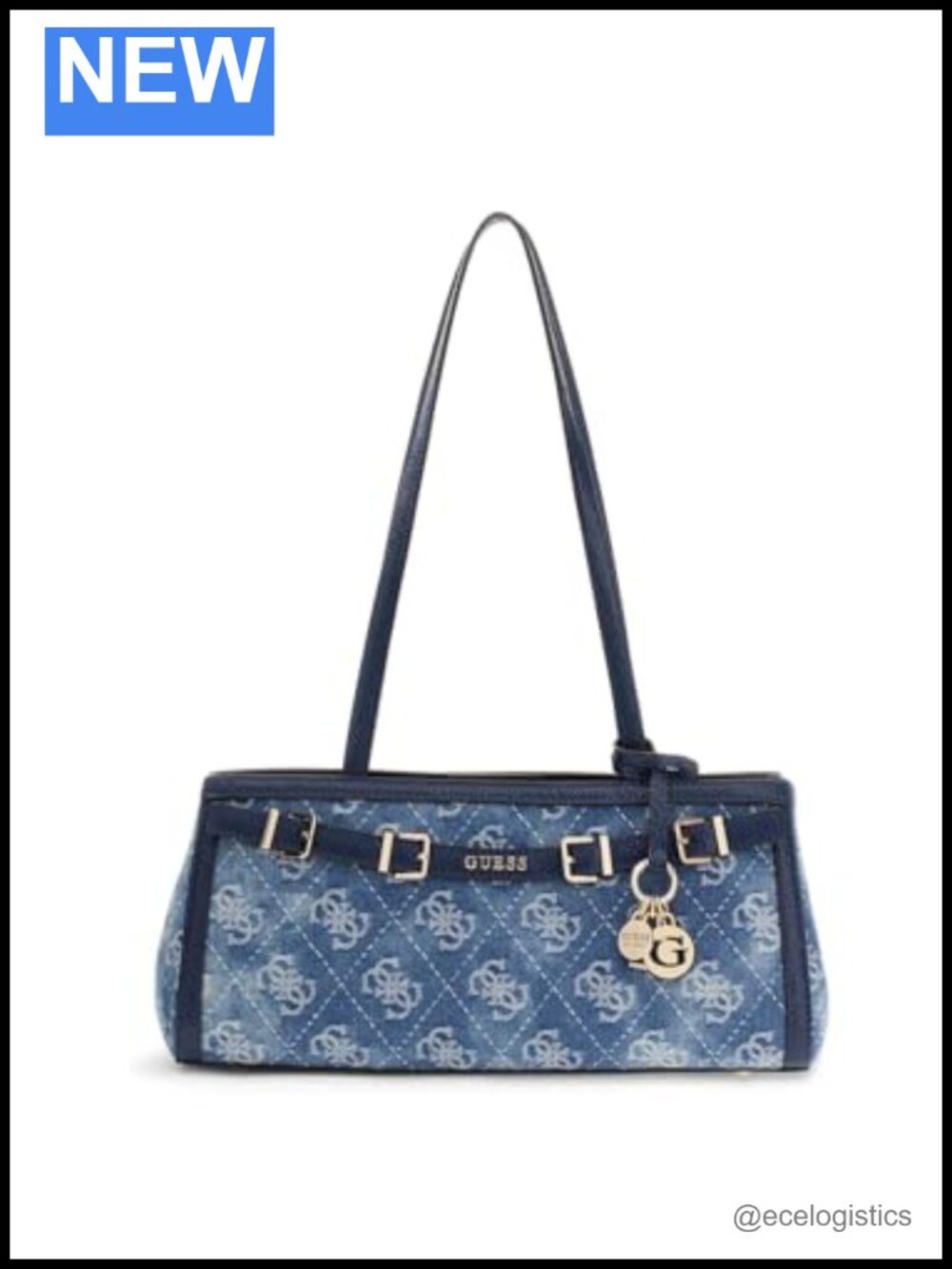 Denim Satchel Shoulder Bag with Gold Hardware Zip Pockets